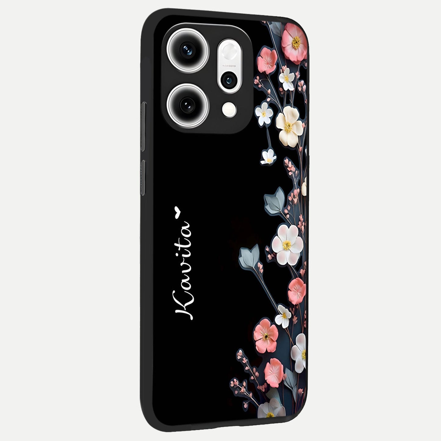 Black Elegance Floral Custom Name back cover For Oppo Reno 14 Pro slim fit glass case with vibrant aesthetic design