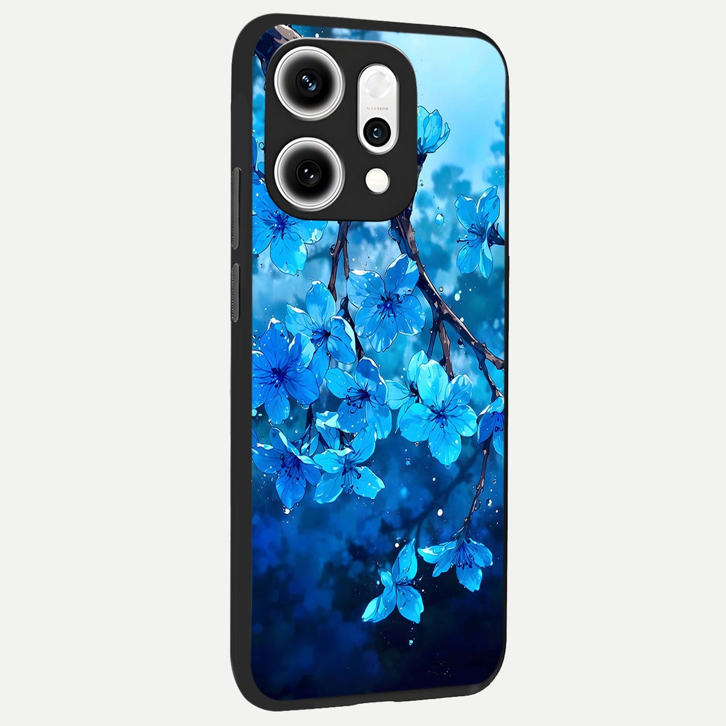 Blue Blossoms Branch back cover For Oppo Reno 14 Pro slim fit glass case with vibrant aesthetic design