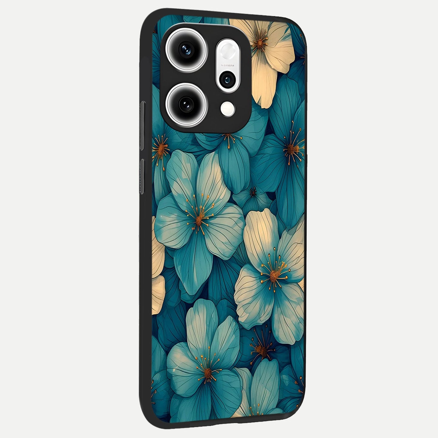 Blue Shade Floral back cover For Oppo Reno 14 Pro slim fit glass case with vibrant aesthetic design