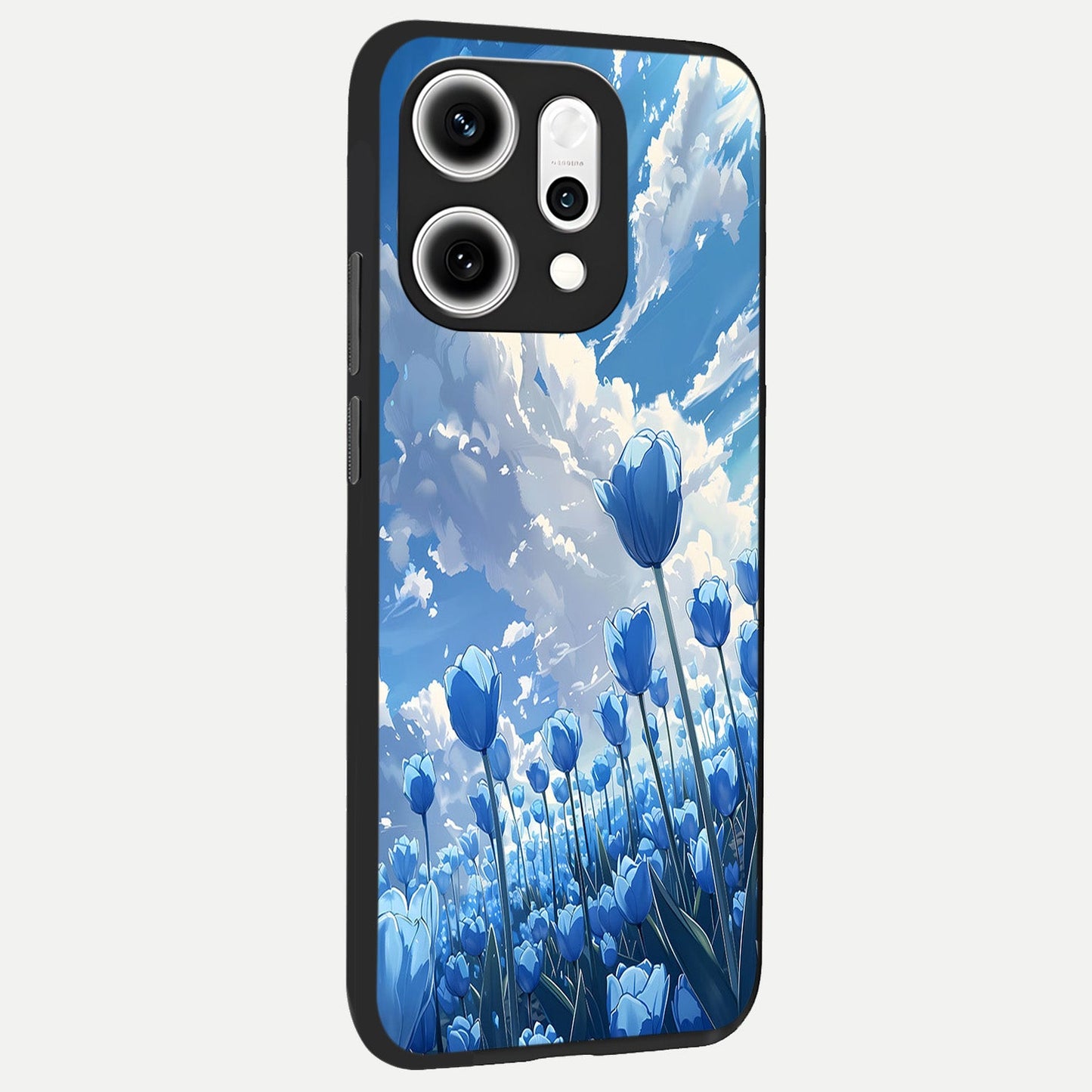 Blue Tulip Clouds back cover For Oppo Reno 14 Pro slim fit glass case with vibrant aesthetic design