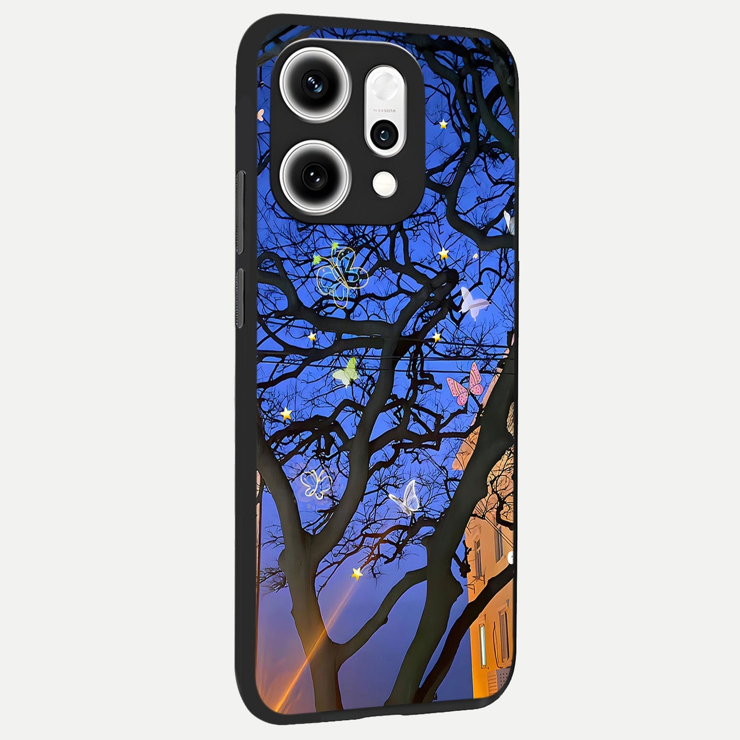 Butterfly Night Magic back cover For Oppo Reno 14 Pro slim fit glass case with vibrant aesthetic design