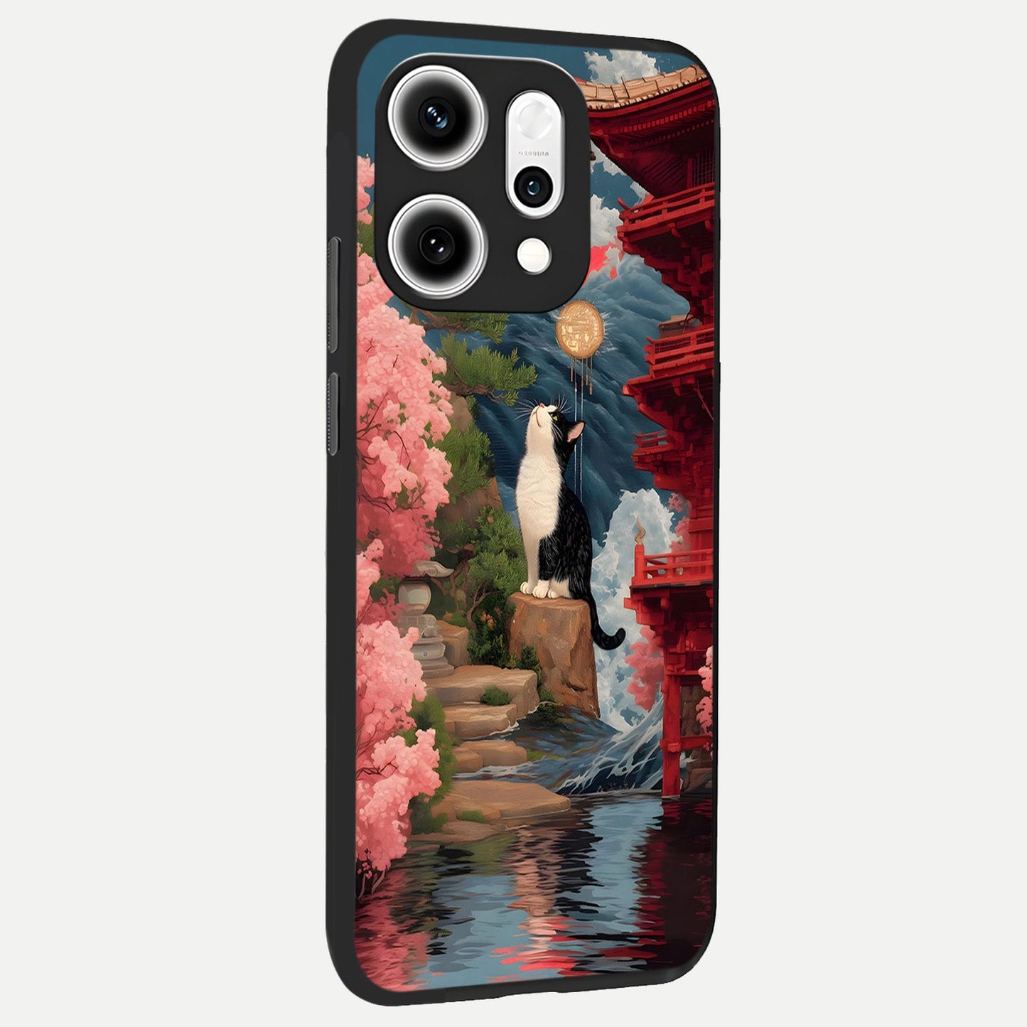 Temple Cat Scenery back cover For Oppo Reno 14 Pro slim fit glass case with vibrant aesthetic design