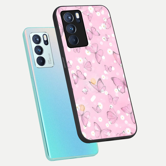 Blush Butterfly Garden phone case For Oppo Reno 6 Pro showing premium glass back cover with detailed artwork