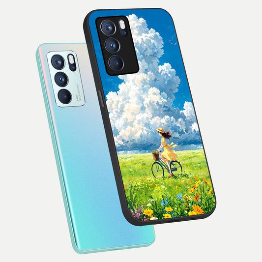 Breezy Meadow Ride phone case For Oppo Reno 6 Pro showing premium glass back cover with detailed artwork