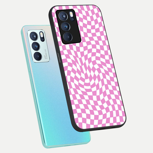 Bubblegum Check Wave phone case For Oppo Reno 6 Pro showing premium glass back cover with detailed artwork