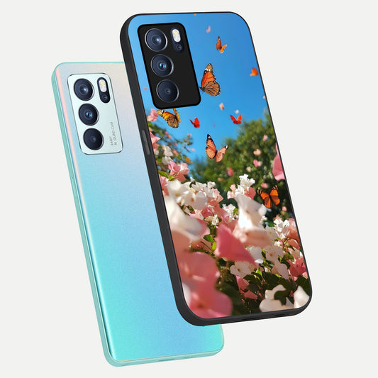 Butterflies In Bloom Sky phone case For Oppo Reno 6 Pro showing premium glass back cover with detailed artwork
