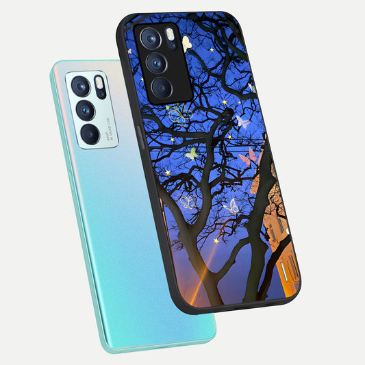 Butterfly Night Magic phone case For Oppo Reno 6 Pro showing premium glass back cover with detailed artwork
