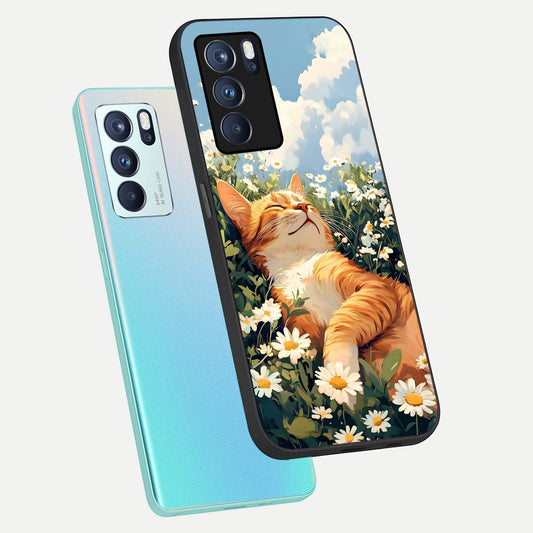 Cat And Flowers View phone case For Oppo Reno 6 Pro showing premium glass back cover with detailed artwork