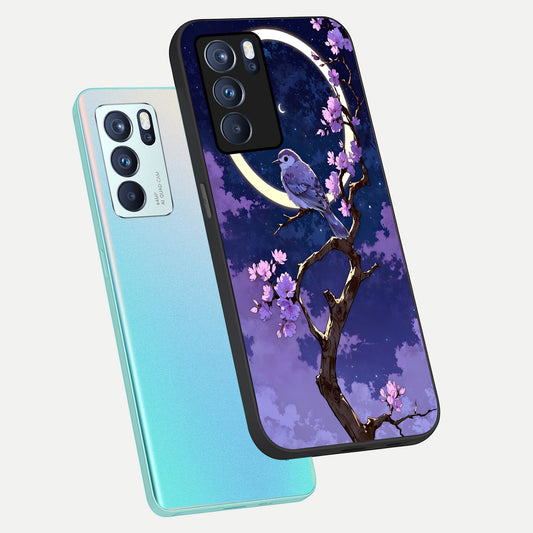 Celestial Bird Blossom phone case For Oppo Reno 6 Pro showing premium glass back cover with detailed artwork