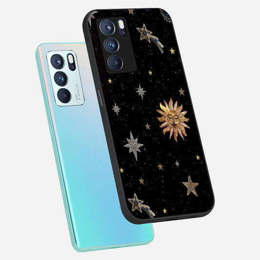 Celestial Moon With Stars phone case For Oppo Reno 6 Pro showing premium glass back cover with detailed artwork