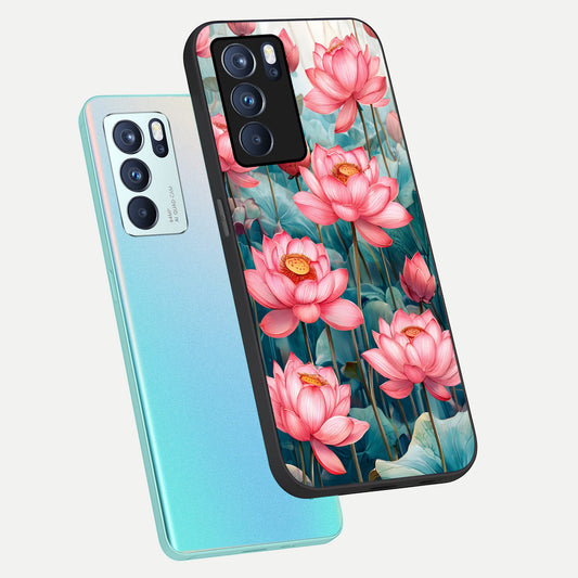 Celestial Pink Lotus phone case For Oppo Reno 6 Pro showing premium glass back cover with detailed artwork