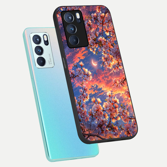 Celestial Sakura Sunset phone case For Oppo Reno 6 Pro showing premium glass back cover with detailed artwork