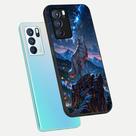 Celestial Wolf Howl phone case For Oppo Reno 6 Pro showing premium glass back cover with detailed artwork