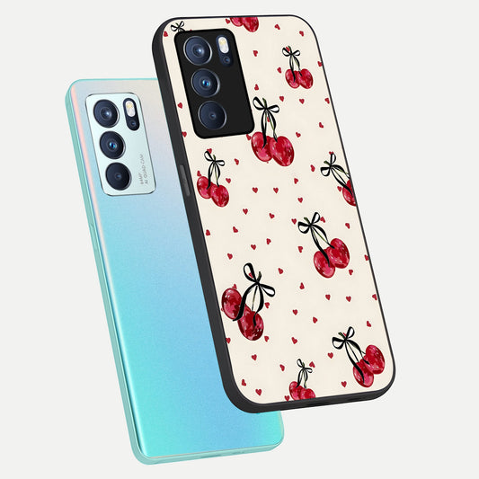 Cherry Heart Bow phone case For Oppo Reno 6 Pro showing premium glass back cover with detailed artwork