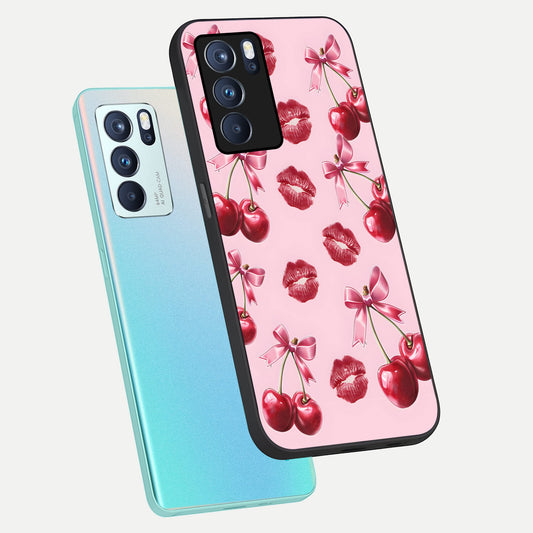 Cherry With Lips phone case For Oppo Reno 6 Pro showing premium glass back cover with detailed artwork
