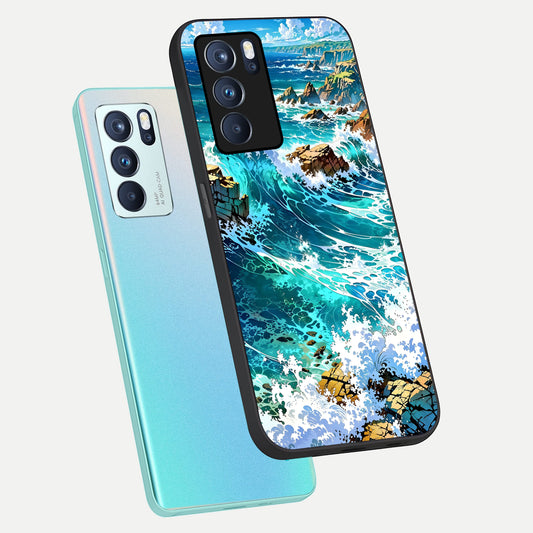 Coastal Blue Waves phone case For Oppo Reno 6 Pro showing premium glass back cover with detailed artwork