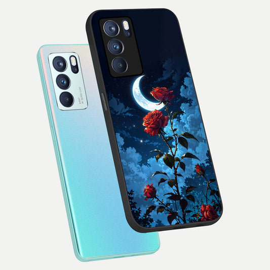 Crimson Rose Moon phone case For Oppo Reno 6 Pro showing premium glass back cover with detailed artwork