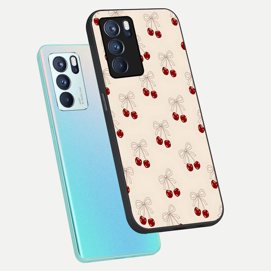 Cute Cherry Pattern phone case For Oppo Reno 6 Pro showing premium glass back cover with detailed artwork