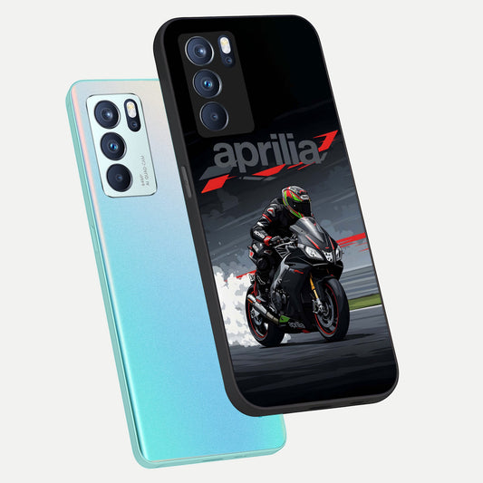 Dark Aprilla phone case For Oppo Reno 6 Pro showing premium glass back cover with detailed artwork