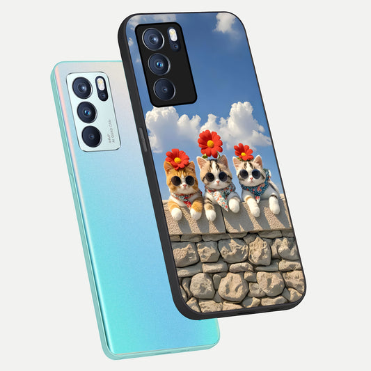 Floral Kitty Squad phone case For Oppo Reno 6 Pro showing premium glass back cover with detailed artwork