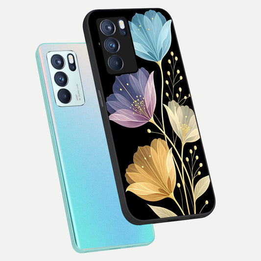 Flower Bloom Glow phone case For Oppo Reno 6 Pro showing premium glass back cover with detailed artwork