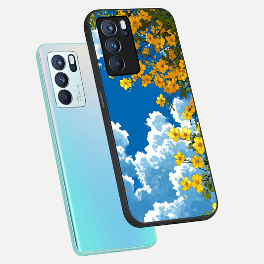 Golden Petal Sky phone case For Oppo Reno 6 Pro showing premium glass back cover with detailed artwork