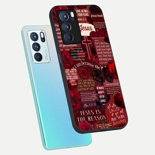 Jesus Love Heals phone case For Oppo Reno 6 Pro showing premium glass back cover with detailed artwork