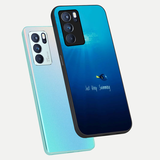Just Keep Swimming phone case For Oppo Reno 6 Pro showing premium glass back cover with detailed artwork