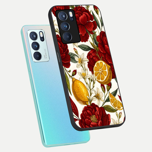 Lemon Rose Charm phone case For Oppo Reno 6 Pro showing premium glass back cover with detailed artwork
