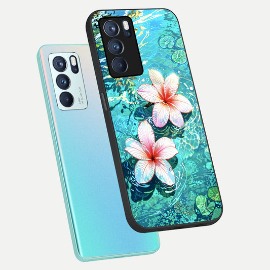 Pink Flowers in Water phone case For Oppo Reno 6 Pro showing premium glass back cover with detailed artwork