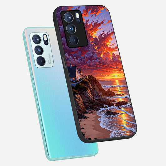 Sunset House By Sea phone case For Oppo Reno 6 Pro showing premium glass back cover with detailed artwork