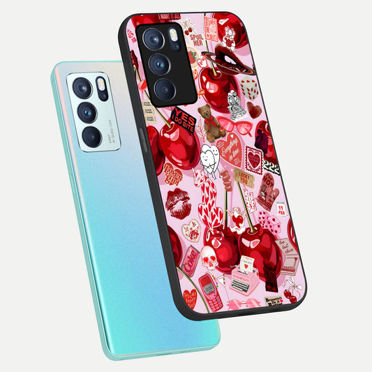 Sweet Cherry Chaos phone case For Oppo Reno 6 Pro showing premium glass back cover with detailed artwork
