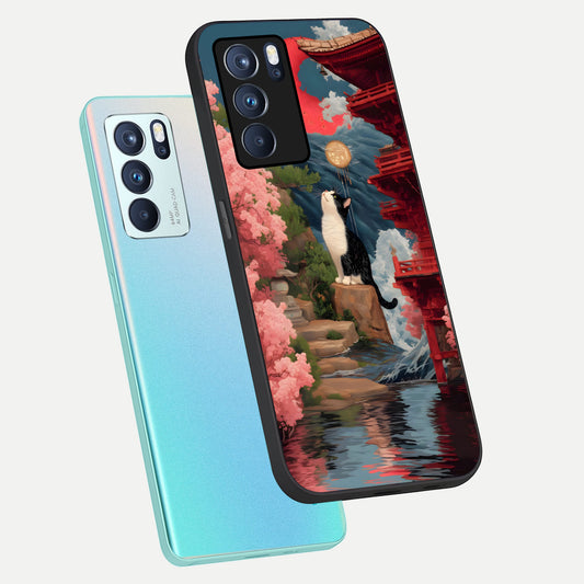 Temple Cat Scenery phone case For Oppo Reno 6 Pro showing premium glass back cover with detailed artwork