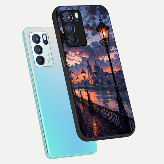 Twilight River Lights phone case For Oppo Reno 6 Pro showing premium glass back cover with detailed artwork