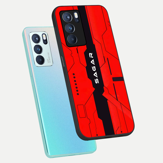 Voltage Rise CYBERPUNK Custom Name phone case For Oppo Reno 6 Pro showing premium custom name glass back cover