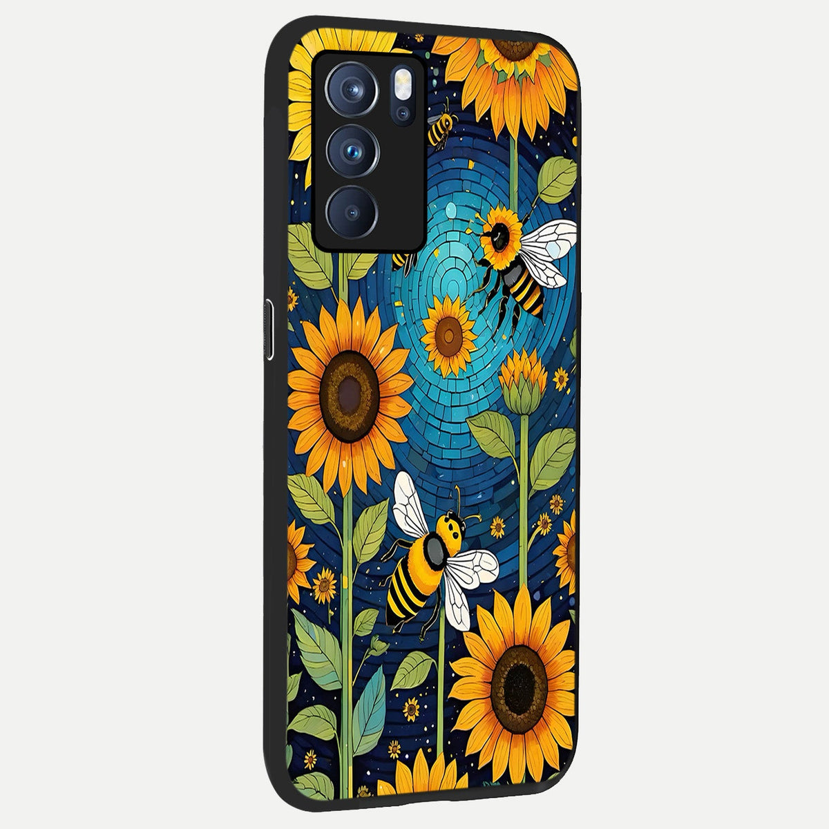 Bees And Sunflowers back cover For Oppo Reno 6 Pro slim fit glass case with vibrant aesthetic design