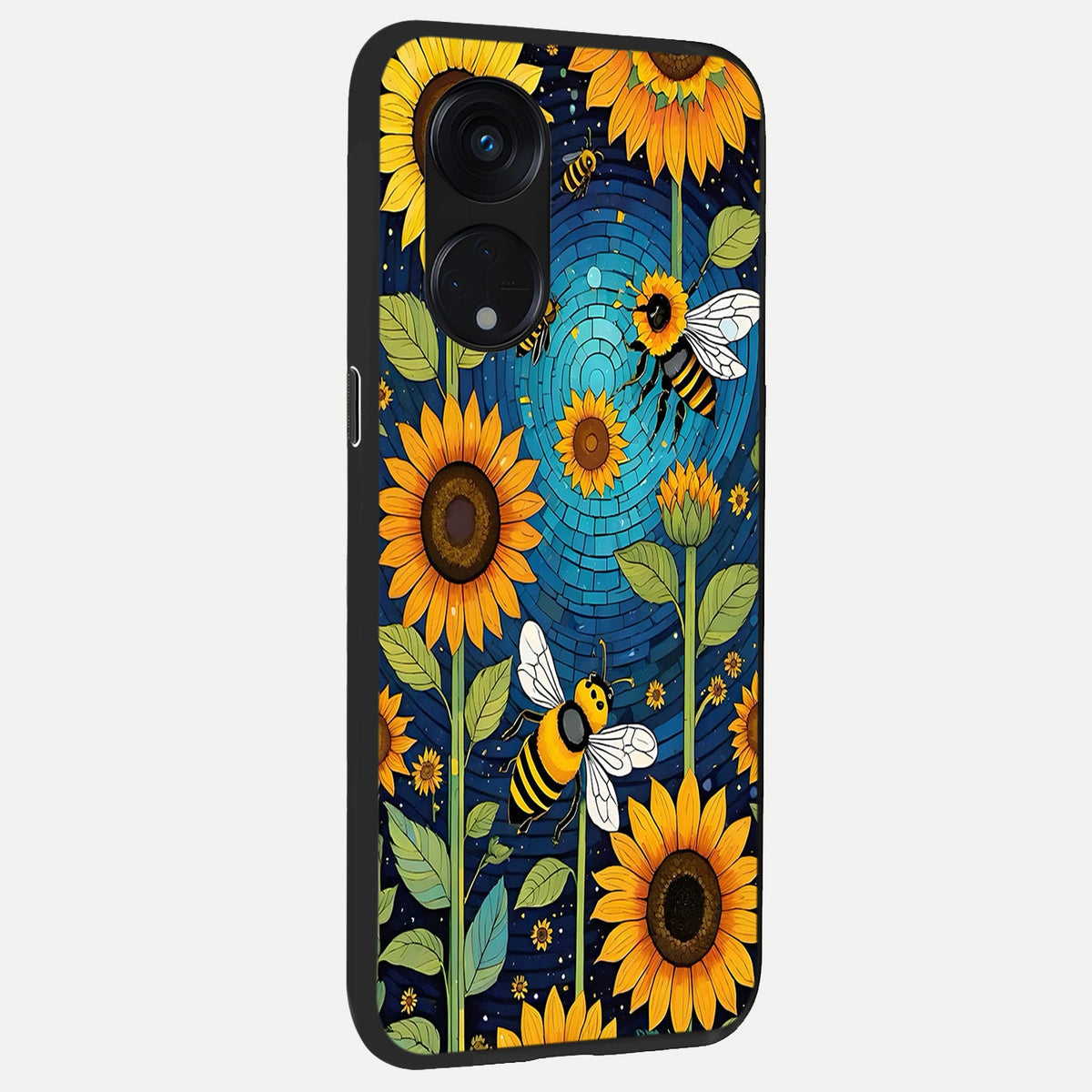 Bees And Sunflowers back cover For Oppo Reno 8T 5G slim fit glass case with vibrant aesthetic design