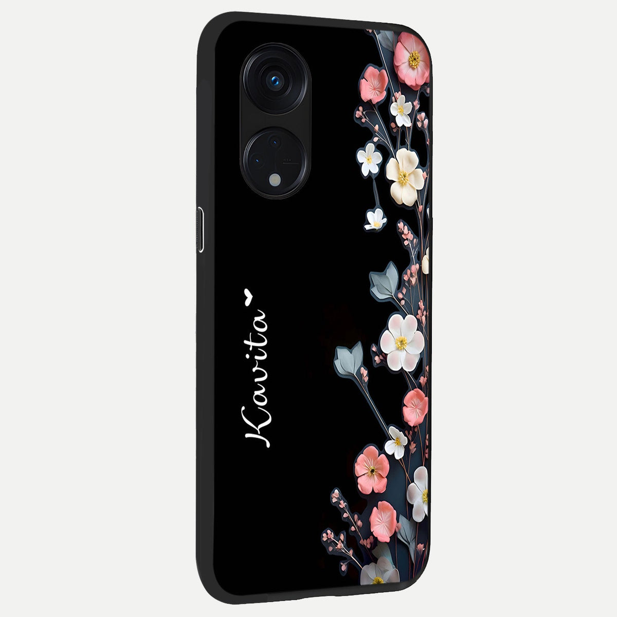 Black Elegance Floral Custom Name back cover For Oppo Reno 8T 5G slim fit glass case with vibrant aesthetic design