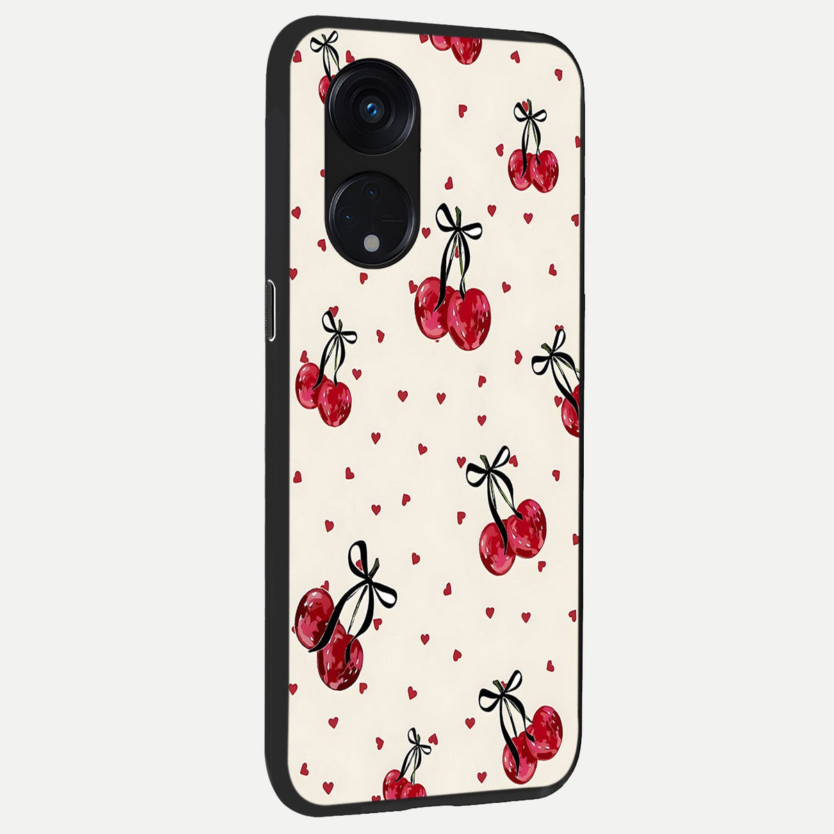 Cherry Heart Bow back cover For Oppo Reno 8T 5G slim fit glass case with vibrant aesthetic design
