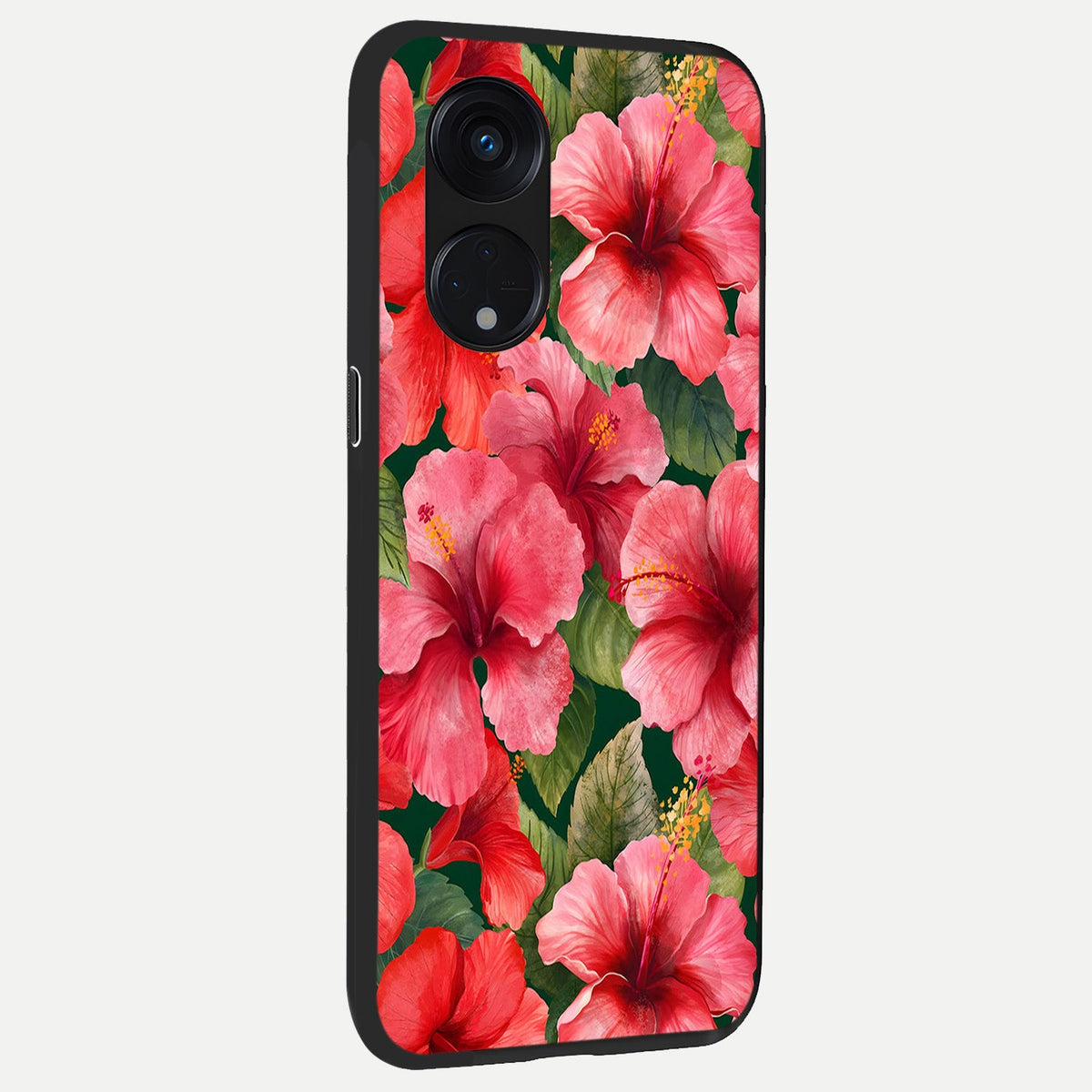 Hibiscus Pattern back cover For Oppo Reno 8T 5G slim fit glass case with vibrant aesthetic design