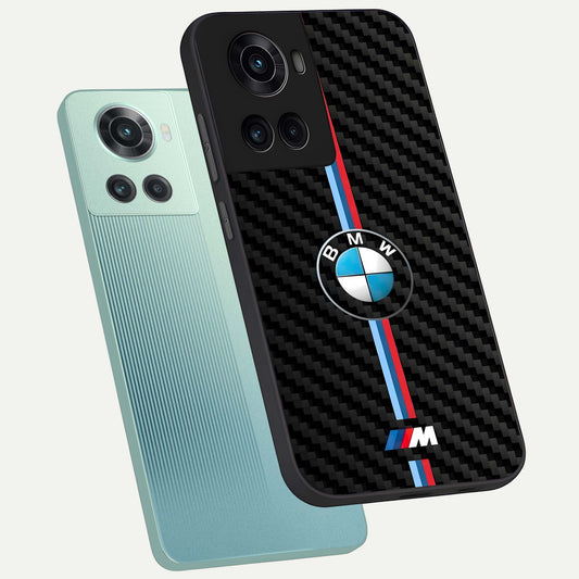 BMW Pattern phone case For OnePlus 10R showing premium glass back cover with detailed artwork
