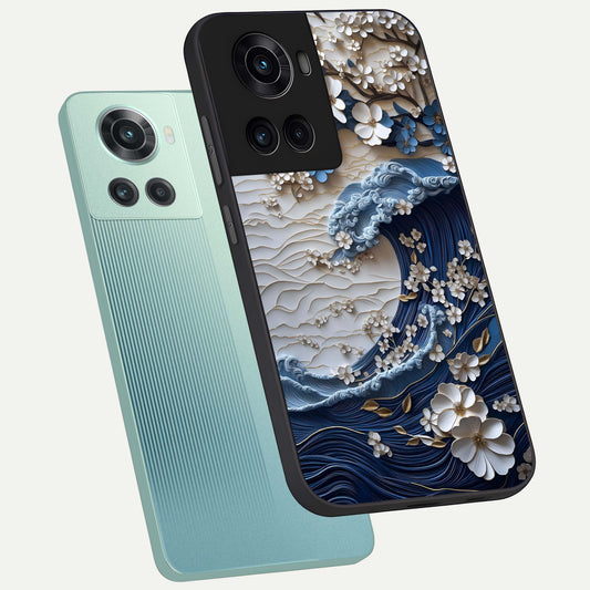 Blossom Wave Art phone case For OnePlus 10R showing premium glass back cover with detailed artwork