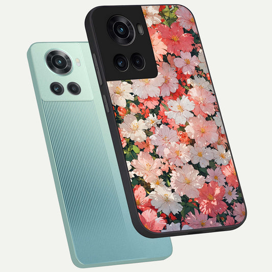 Blush Bloom Field phone case For OnePlus 10R showing premium glass back cover with detailed artwork