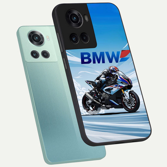 BMW Power Drift phone case For OnePlus 10R showing premium glass back cover with detailed artwork