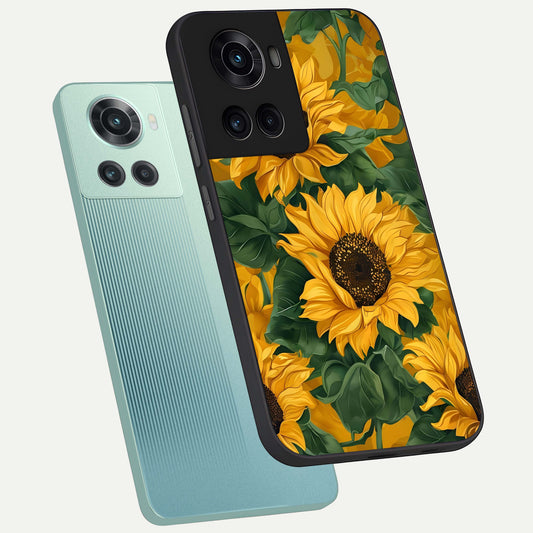 Bright Sunflower Bloom phone case For OnePlus 10R showing premium glass back cover with detailed artwork