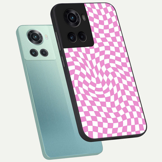 Bubblegum Check Wave phone case For OnePlus 10R showing premium glass back cover with detailed artwork
