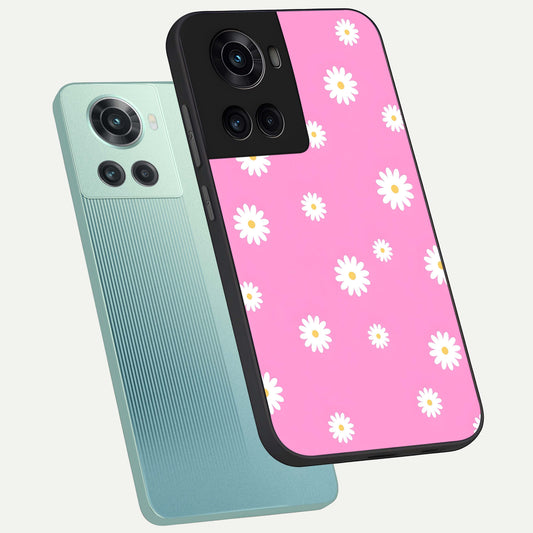 Bubblegum Daisy Pop phone case For OnePlus 10R showing premium glass back cover with detailed artwork