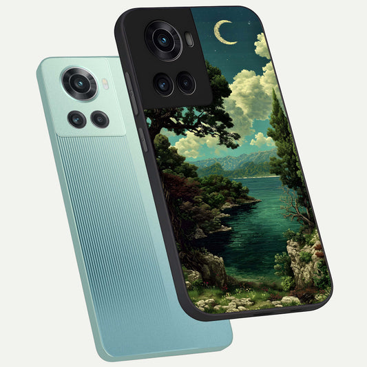 Celestial Lake Peace phone case For OnePlus 10R showing premium glass back cover with detailed artwork