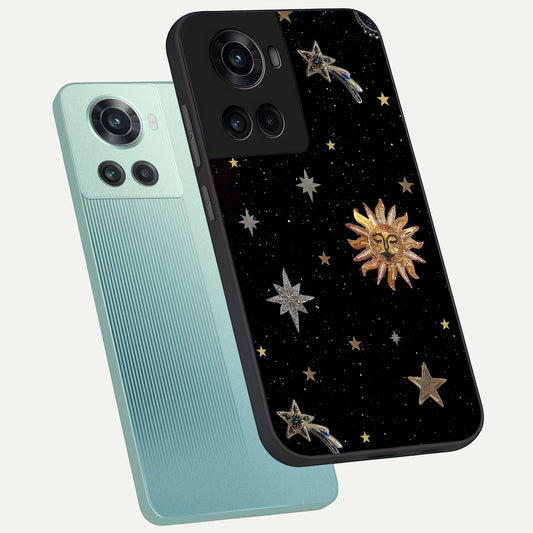 Celestial Moon With Stars phone case For OnePlus 10R showing premium glass back cover with detailed artwork