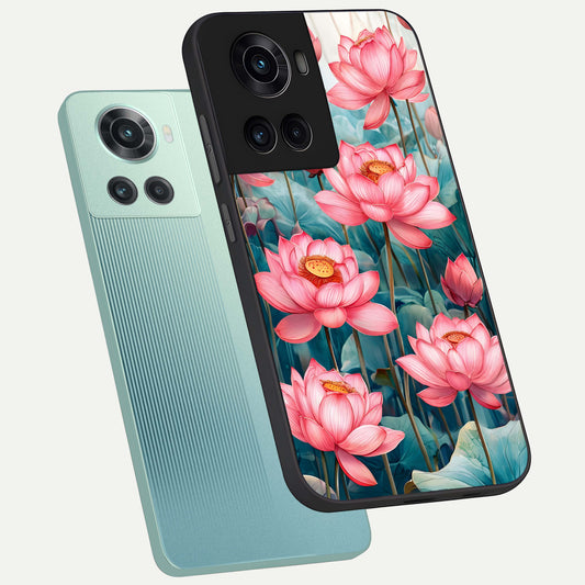 Celestial Pink Lotus phone case For OnePlus 10R showing premium glass back cover with detailed artwork